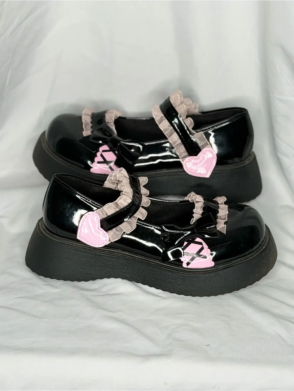 Bow Decor Frill Trim Patent Platform Mary Janes Black Pink Size 8.5